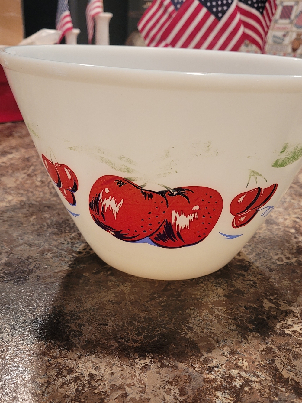 vintage Fire-King "Apples and Cherries" Milk Glass mixing bowls. Set Of 3. - Picture 7 of 16